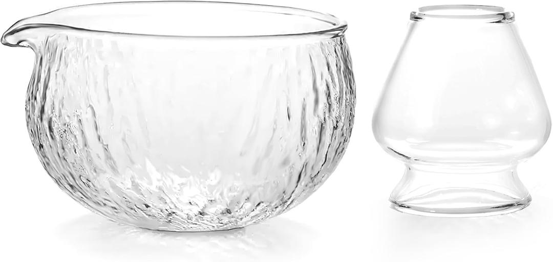 Matcha Bowl and Whisk Holder Set, 500 ml/18 oz Glass Matcha Mixing Bowl with Spout, Ceremonial Matcha Tea Kit, Tea Bowl and Whisk Stand