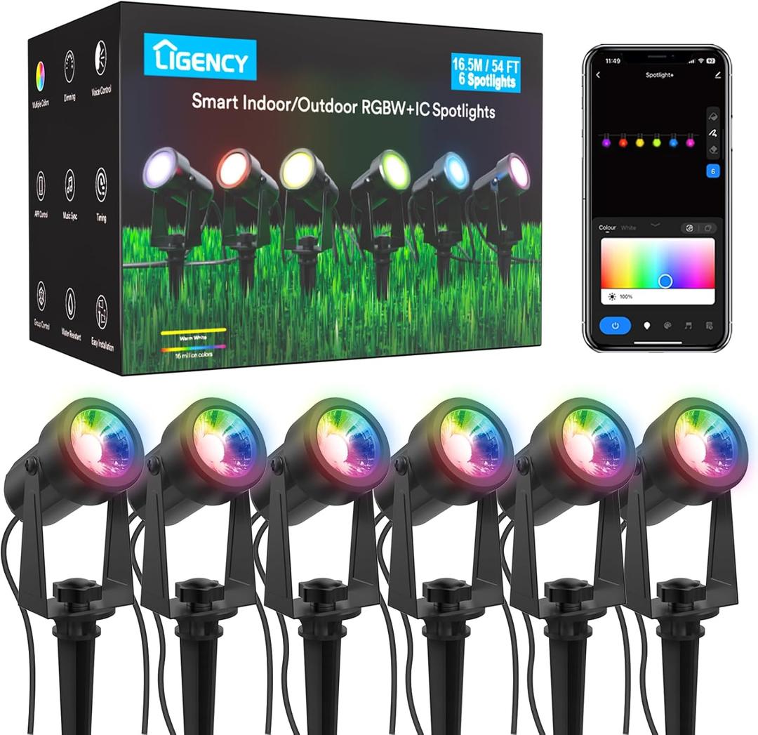 Ligency Spotlight Outdoor Smart Low Voltage Landscape Lights, 6 Pack Outdoor Spot Lights IP65 Waterproof RGBW Color Changing Spotlights for Yard Garden, 54Ft