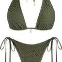 ZAFUL Women's Triangle Bikini Multiway Fishnet Tie Side Bandeau Halter String Bikini Set Two Piece Swimsuit Bathing Suits (Green, L)