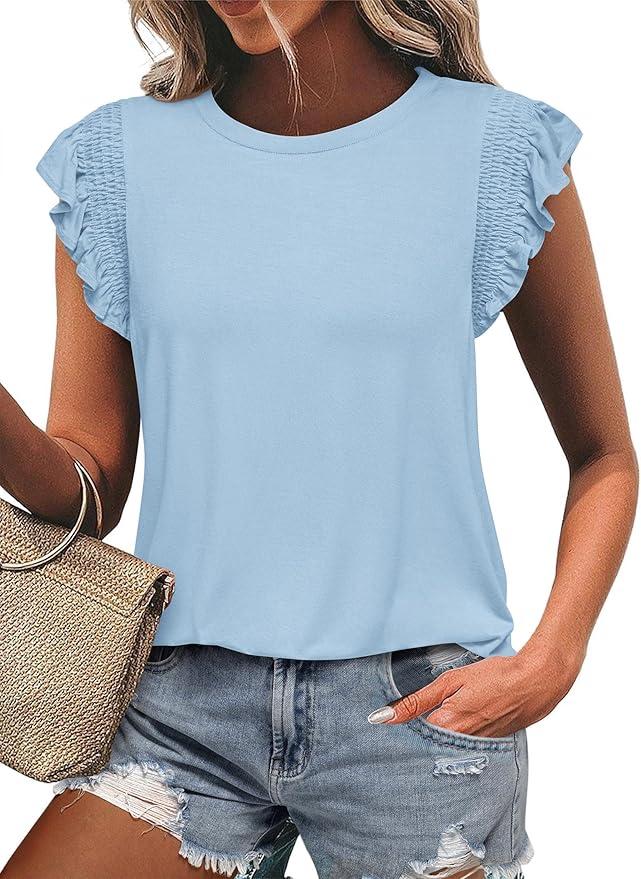 KIRUNDO Womens Summer Tops 2025 Trendy Ruffle Cap Sleeve Casual T Shirts Crewneck Basic Tee Cute Blouses Clothing(Light Blue, X-Large)
