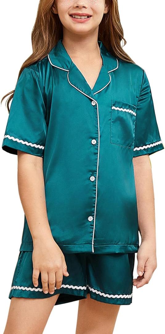 Jxstar Girls Satin Pajamas Set Button Down 2 Piece Silk Pjs Shorts Set Sleepwear 8 9 Years Turquoise