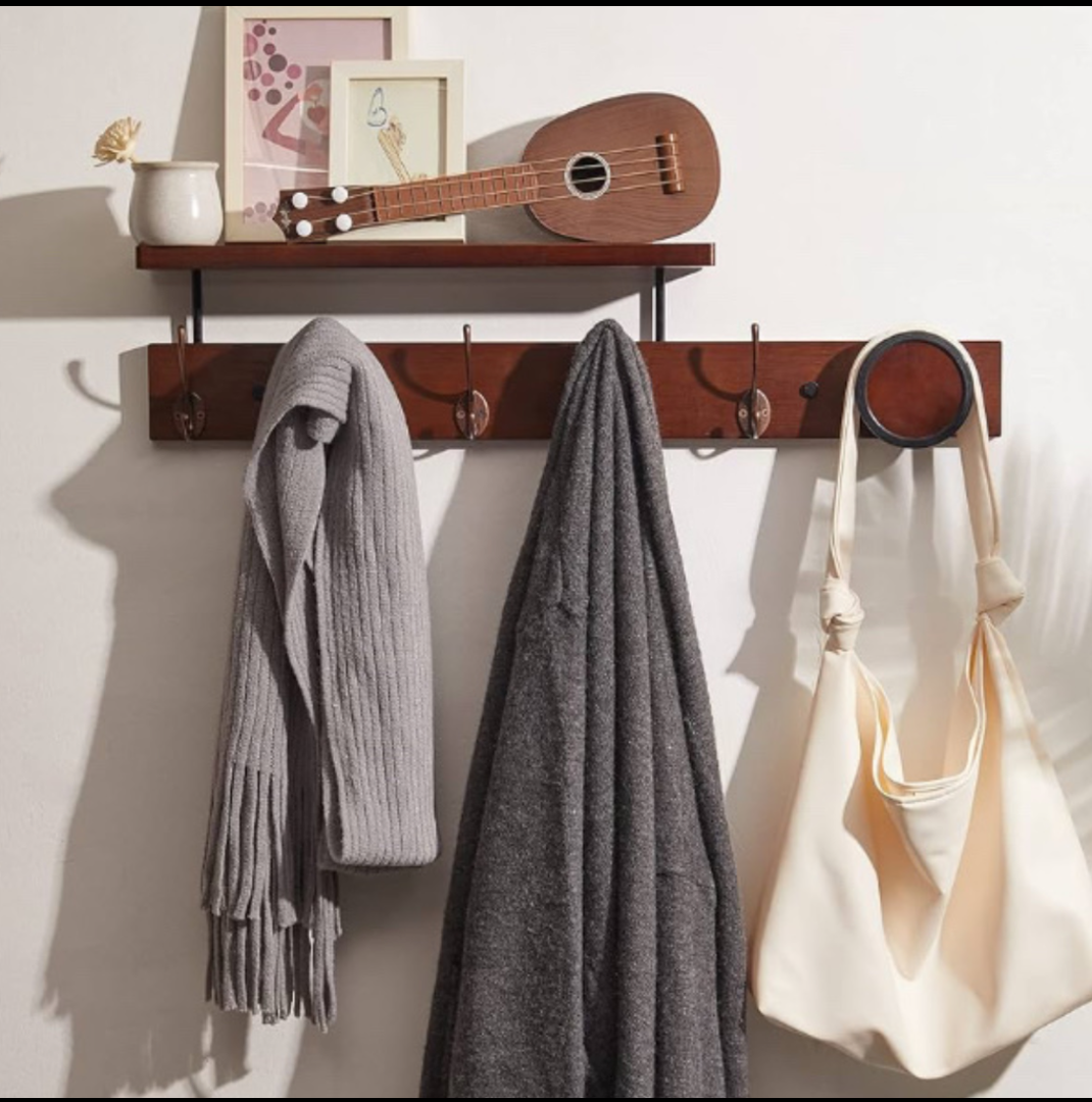 UWAET Coat Rack Wall Mounted with Shelf 27.5 Inch Length Wall Hanging Shelf Bamboo Coat Hooks with 6 Hooks for Entrance, Living Room,Bedroom, Bathroom (6 Hooks)