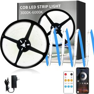 COB LED Strip Lights 50ft,6000K DC 24V Dimmable White Flexible LED Rope Lights for Bedroom,with Remote and app Control LED Lights Strip for Living Room, Shelf, Cabinet