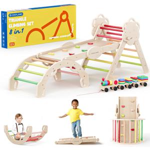 COSYLAND Pikler Triangle Set 8 in 1 - Adjustable 3-Level Montessori Climbing Toys for Toddlers 18M-6Y, Foldable Wooden Indoor Jungle Gym & Playground with Train Toy & Gift Box, Warm Tones (Large)