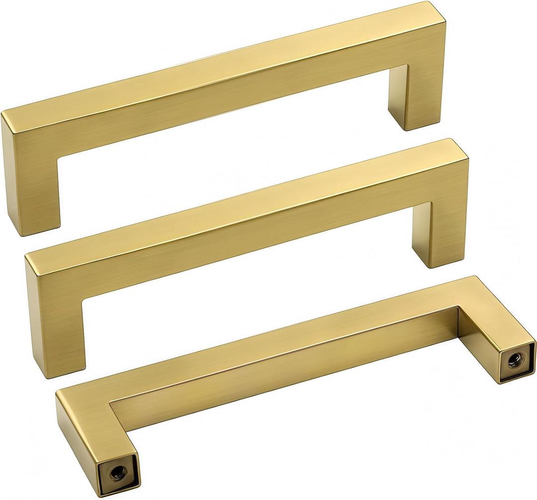 Goldenwarm 5 Pack Gold Cabinet Pulls and Knobs Brass Drawer Handles - LSJ12GD96 Kitchen Cabinet Hardware 3-3/4 Inch Screw Spacing Square Closet Drawer Pulls