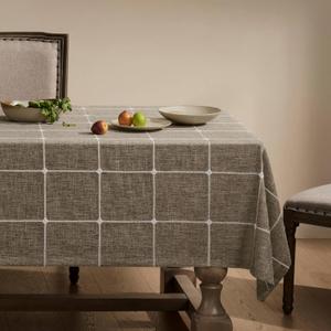 ZeeMart Grid Embroidered Hemmed Tablecloths, Cocoa Brown 60x120 Inch, Farmhouse Style Heavy Weight Cotton Linen Brown Tablecloths, Boho Plaid Water Resistant Rectangle Table Cloth
