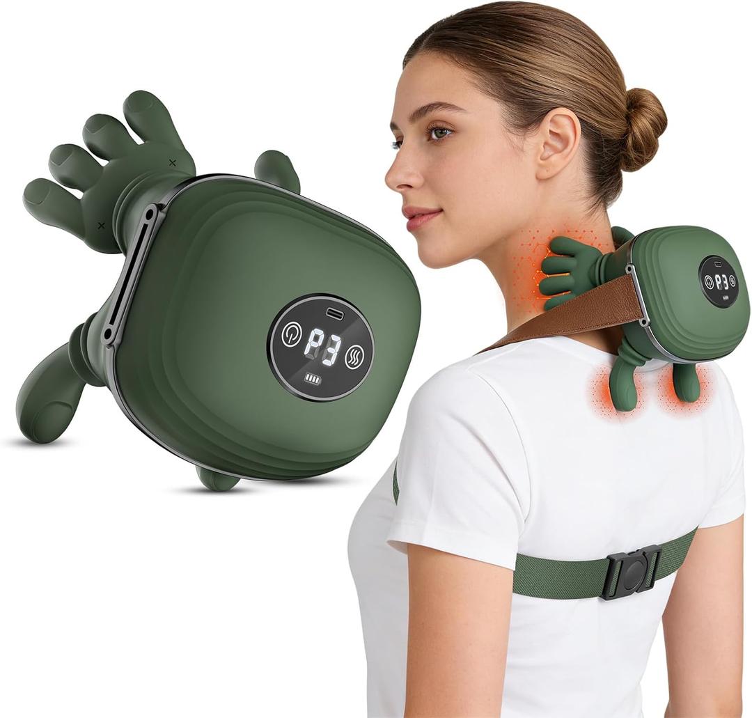 Human-Like Neck Massager with Heat for Pain Relief Deep Tissue, Cordless 4D Kneading Neck and Shoulder Massager Back Massager with Bionic fingers Massage and Screen, Ideal Gifts for Women Men (Green)