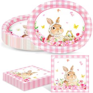 40Pcs Easter Paper Plates and Napkins Set Oval Bunny Disposable Plates & Napkins Serves 20, Heavy-Duty Party Tableware for Easter Brunch, Spring Picnic, Baby Shower