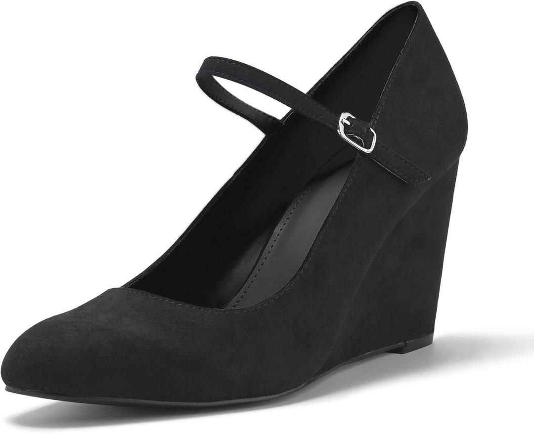 Coutgo Womens Wedge Pumps Dressy Mary Jane Shoes Comfort Wedges Closed Toe Ankle Strap Heeled Shoes (8.5, Black)