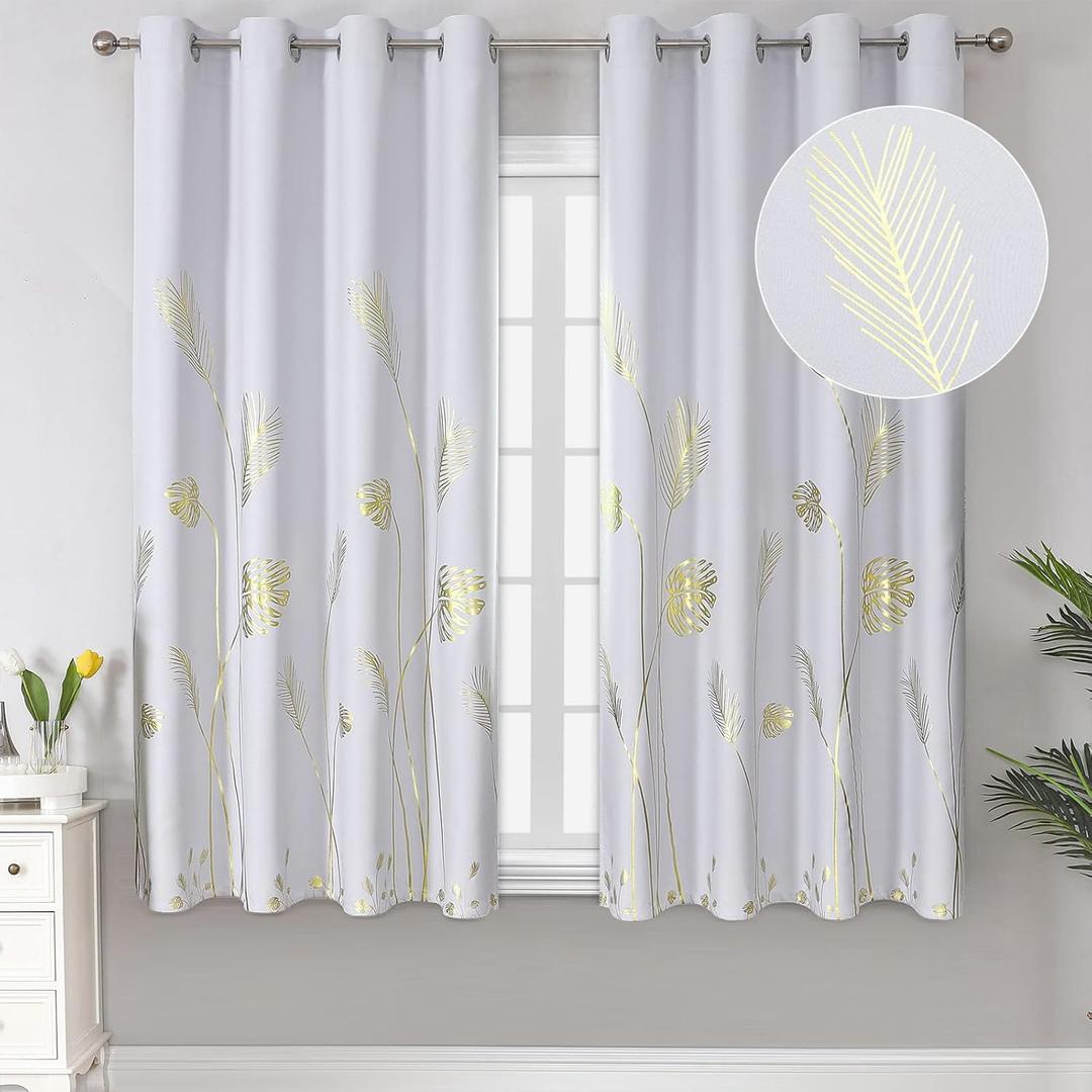 Estelar Textiler Greyish White Curtains for Bedroom 63 Inches Length Thermal Insulated Window Curtain Shades with Gold Wheat and Leaf for Living Room, 52Wx63L, 2 Drapes
