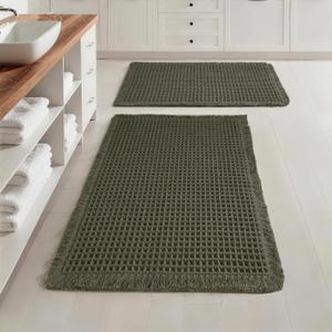 Set of 2 Waffle Bathroom Rugs, Non Slip Absorbent Waffle Knit Bath Mat for Shower Floor, Tub and Bathroom Door, Ultra Soft Quick Dry, Olive Green, 18"x30"+24"x36"