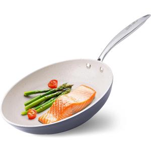 Mueller Frying Pan, Heavy Duty German Stone Coating Non Stick Frying Pans, No PFOA or APEO, Paella Pan, Dishwasher and Oven Safe, Even Heat Distribution, Cool Stainless Steel Handle, Light Grey (10 inch)