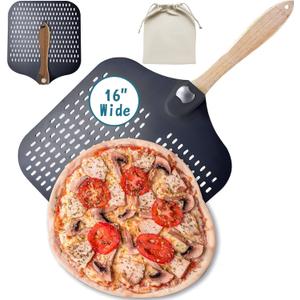 Pizza Peel 16 inch,16" Wx 18" L, Aluminum pizza peel with Foldable Wood Handle and Storage Bag, Non-perforated (16 inch Perforated)