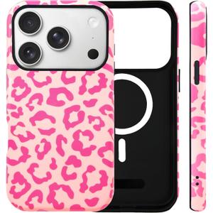 for iPhone 17 Pro Case Cute Cheetah Print Phone Case Compatible with MagSafe, Dual-Layer Shock Protection(Hard PC + Silicone) - Aesthetic Protective Phone Cover for Women Girl, Pink
