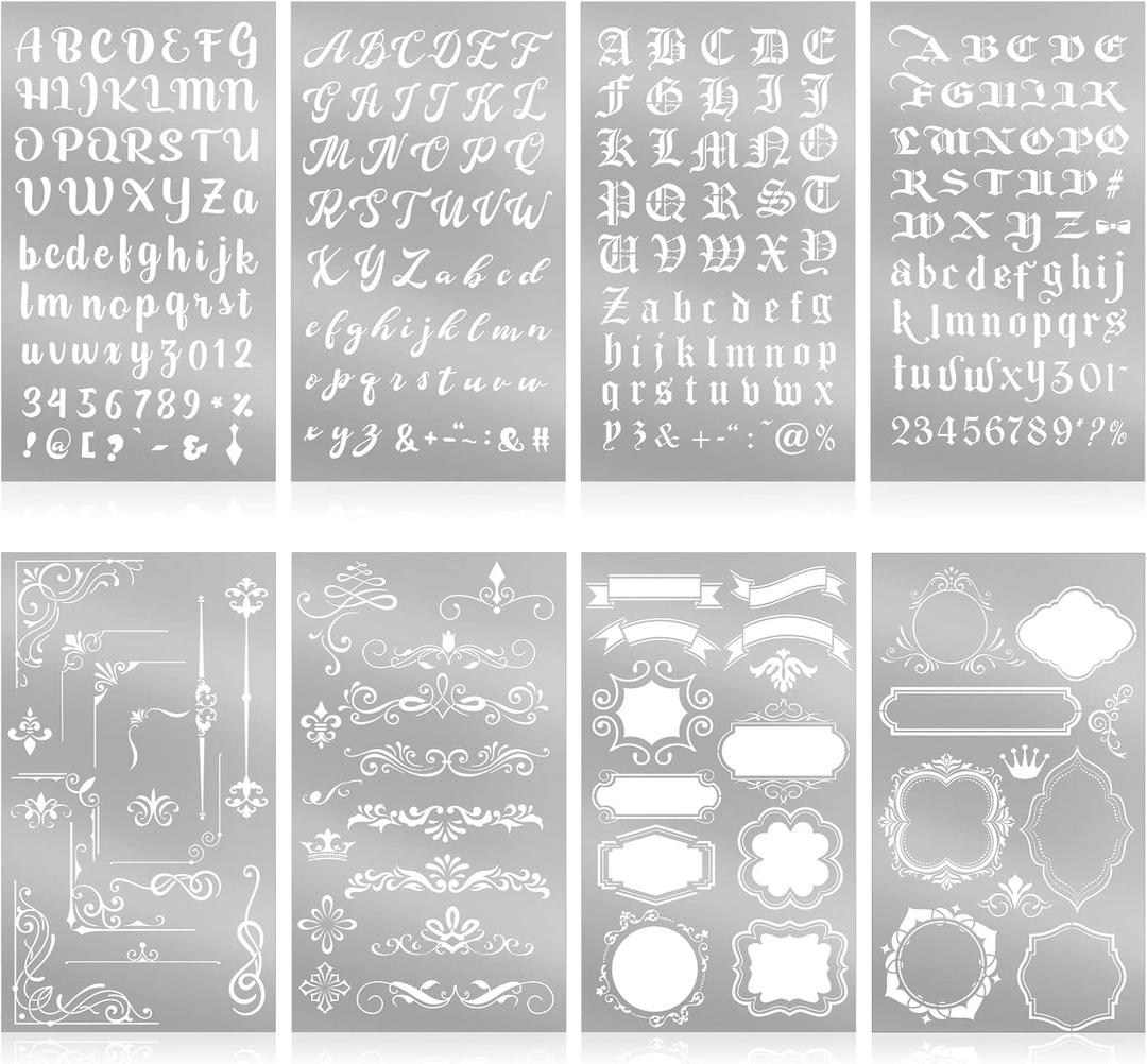 Lewtemi 8 Pcs 4 x 7 Inch Metal Letter Number Stencils Stainless Steel Metal Alphabet Stencils for Engraving Painting Journaling Bookmark Flower Vines DIY(Stylish Style)