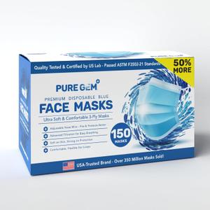 2 x PURE GEM [Pack of 150] Single Use Disposable Blue Face Mask, Soft on Skin, 3-ply Masks Facial Cover with Elastic Earloops Great For Home, Office, School, and Outdoors