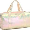 LEDAOU Gym Bag Sports Duffle Bags with Wet Pocket Weekender Overnight Bag with Shoe Compartment and Air Hole for Girls Kids Women Foldable Travel Bags (Metallic Champagne Gold)