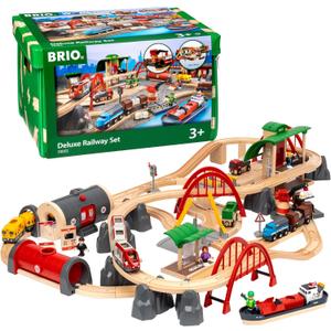 BRIO World Deluxe Railway Set - 87-Piece Wooden Train Set - Includes Passenger & Freight Trains, Stations, Accessories - Safe & Sustainable - MESH Accredited Fun Play for Kids Ages 3 & Up