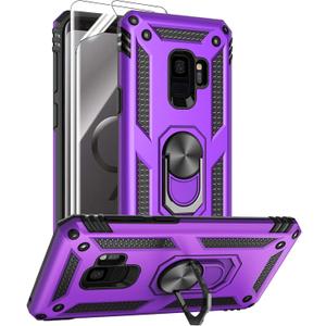 Androgate for Samsung Galaxy S9 Case with HD Screen Protectors, Military-Grade Metal Ring Holder Kickstand 15ft Drop Tested Shockproof Cover Case for Samsung Galaxy S9 (2018), Purple