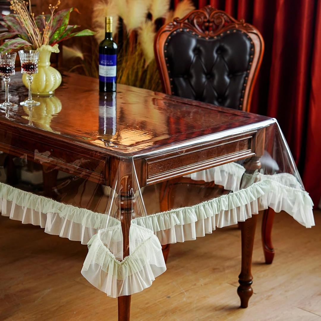 SUTAVIA Clear PVC Tablecloth Rectangular 60"x120" Green Ruffle Lace