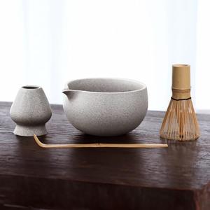 Ivory Gray Matcha Whisk Set with Pouring Spout – Japanese Matcha Kit with Handcrafted Ceramic Bowl, Bamboo Whisk, Scoop, and Holder for Authentic Tea Ceremony