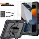 iPad 9th/8th/7th Generation Case, iPad 10.2 Case 2021/2020/2019, [Kid Proof] ambison Full Body Protective Case with 9H Tempered Glass Screen Protector, 360 Rotatable Kickstand & Hand Strap (Black)
