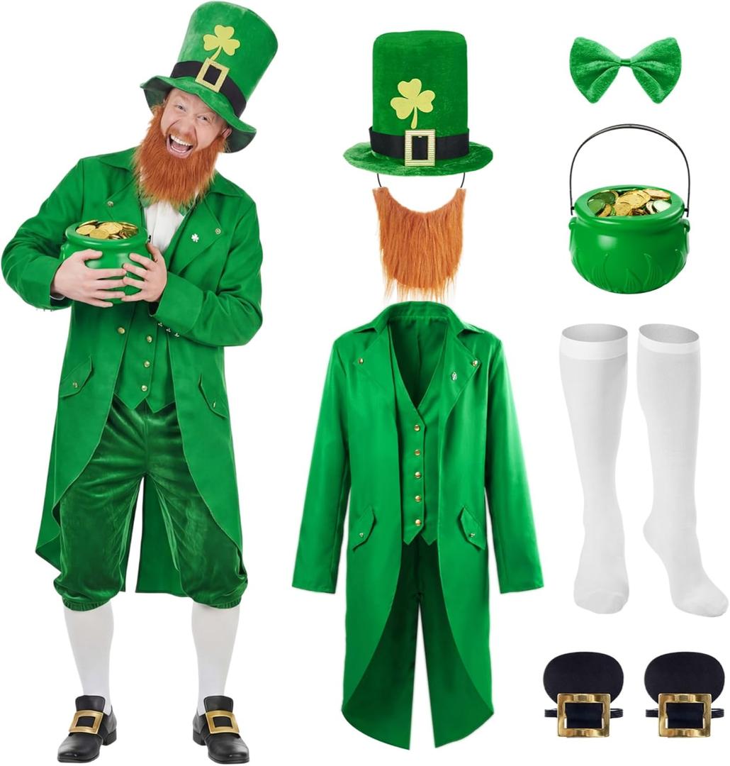 Shihanee 9 Pcs Leprechaun Costume Adult Men St. Patrick's Day Outfit Suit Hat Beard Bow Tie Brooch Socks Shoes Buckle Pot (Green, M)