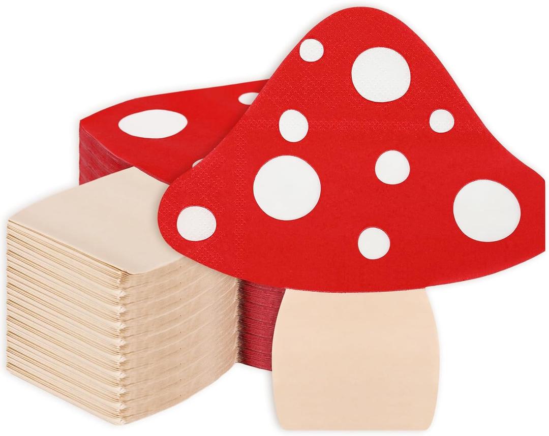 Whaline 100 Pack Fall Mushroom Paper Napkin 2Ply Red Jungle Mushroom Disposable Napkins Forest Plant Dessert Dinner Hand Napkin for Fall Autumn Birthday Fairy Garden Party Baby Shower, 6.5 x 5.8 Inch