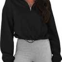 MEROKEETY Women's Quarter Zip Crop Sweatshirt Long Sleeve Stand Collar Drawstring Casual Pullover Top (Large, Black)