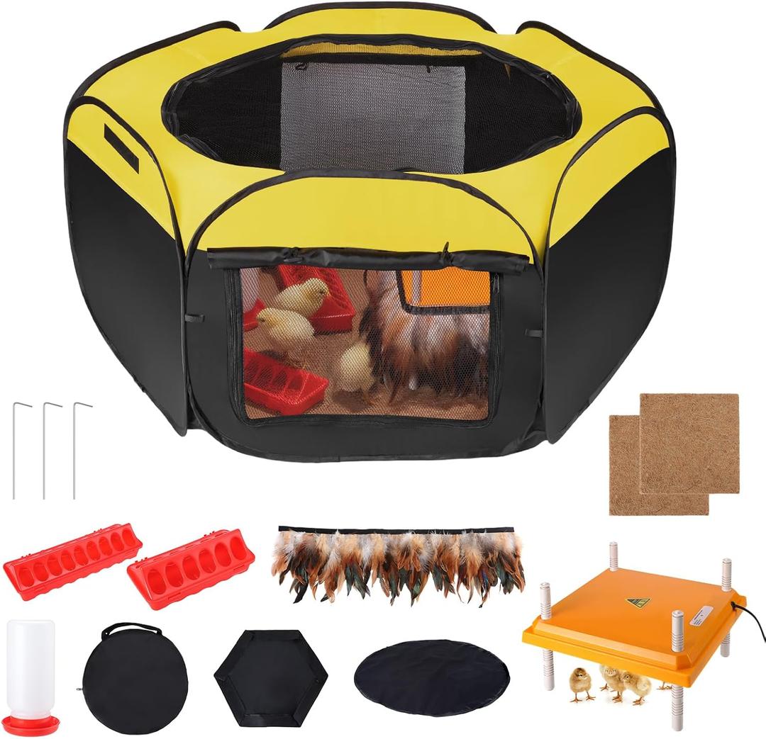14 in 1 Pop Up Brooder Box for Chicks Starter Kit, Foldable Brooder Box, Complete Baby Chick Supplies with Heating Plate, Custom Feathers, Grass Mat, Feeder & Waterer for Baby Chicks, Ducks, Quail