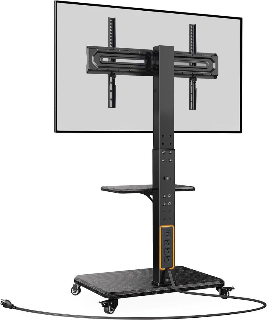 Perlegear Mobile TV Stand with Power Outlet, Tilt & Swivel Rolling TV Stand for 32-75 inches TVs up to 110 lbs, 12 Height Adjustable Rolling TV Cart with Wheels, Max VESA 600x400mm, PGTVMC17