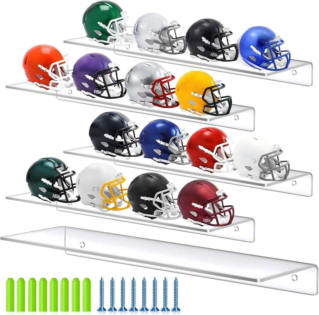 Colingmill 4 Pieces Wall Mount Pocket Size Helmet Display Racks 9.84 x 3.15 x 1.06 Inches Acrylic Pocket Size Football Helmet Display Racks 16 Team for Collecting Game Helmets(Clear)