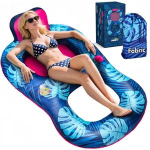 Upgrade Travel Pool Floats Adult with Carry Bag, Fabric Portable Packing Inflatable Pool Floats for Pool Floating, Luxury Floats with Backrest and Cup Holder, Fast Inflation, Floral Design (Navy)