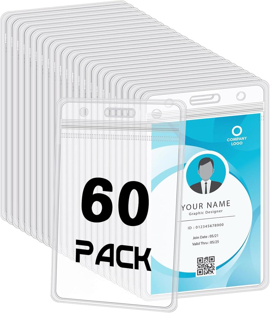 BESARME 60 Pack Vertical ID Card Badge Holder Clear Plastic Sealable Waterproof Zip Name Tag for Work Office Nurse School
