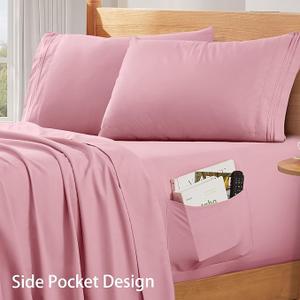 SiinvdaBZX Extra Deep Pocket Queen Sheets Set - Fits Mattress Up to 24 Inches Thick - 4 Piece Pink Deep Pocket Sheets for Air Mattress - Soft 1800 Thread Count Fitted Sheet with Side Pocket