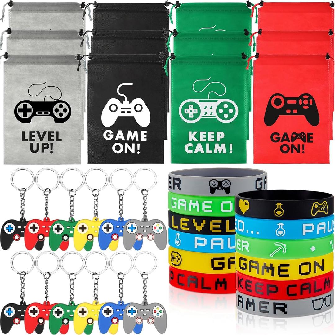 MTLEE 36 Pcs Video Game Party Favors Set Include Gamer Party Favor Bags with Drawstring Silicone Bracelets Wristbands Game Controller Keychains for Christmas Gaming Birthday Stuffer Gifts(Cute Style)