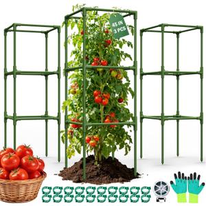 Uyittour 3 Pack Square Tomato Cages for Garden, 45" Heavy Duty Tomato Trellis Plant Support Cages for Raised Garden Bed Climbing Vegetables, Set with Garden Gloves, 20 Clips & 65FT Tie Wire