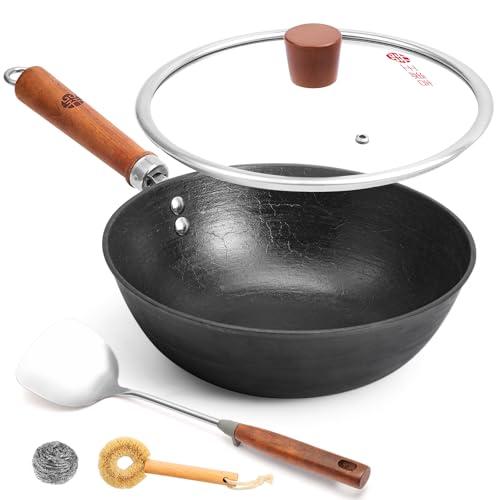 WANGYUANJI Cast Iron Wok Pan with Lid, 10.2 Inch Small Flat Bottom Stir Fry Skillet, Uncoated Traditional Chinese Iron Pot for 1-2 People, Compatible with Induction & Gas Stoves
