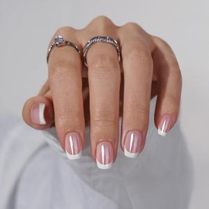 BTArtbox Press on Nails Short - White French Tip Press On Nails Square, Chrome Glazed Glue On Nails, Stick On Nails in 15 Sizes - 30 Soft Gel Fake Nail Kit, Be Elegant