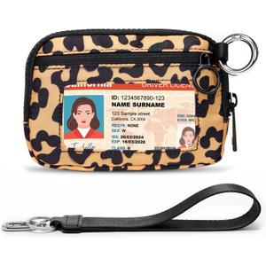 Keychain Wallet for Women Mini Zip Card Holder with ID Window Coin Purse Detachable Wristlet Small Wallets Yellow Leopard
