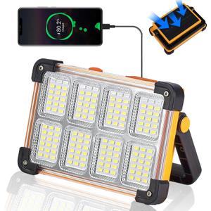 120W Solar Rechargeable Work Light, 144 LED 10000LM Portable Flood Light with Stand, IP66 Waterproof 4 Modes LED Job Site Lighting Flashlights for Mechanic Camping Fishing Car Repair