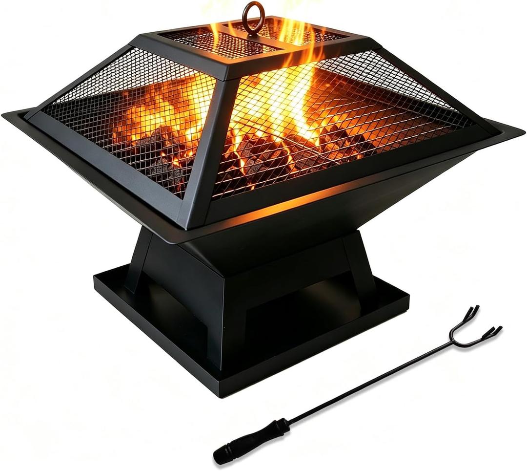 19.8" Square Outdoor Fire Pit Table with Fire Poker & Mesh Lid, Metal Wood Burning Stove, Brazier Patio Outside Heating for Backyard Log Burning Camping
