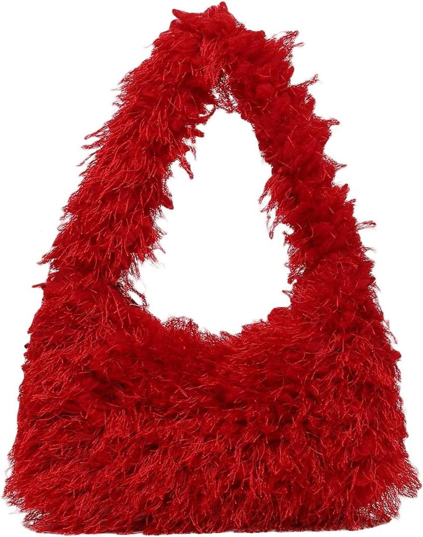 Verdusa Women's Faux Fur Fuzzy Hobo Bag Furry Handbag Purse (Red)