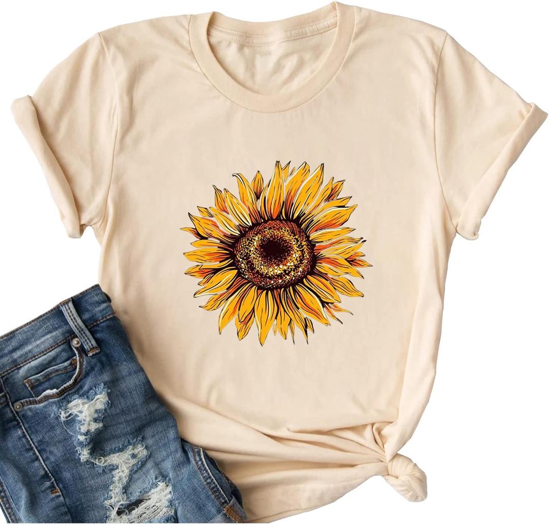 Ykomow Sunflower Shirts Floral Print Graphic Tees Womens Casual Mothers Day Shirt 4th of July T Shirt (XL, Cream)