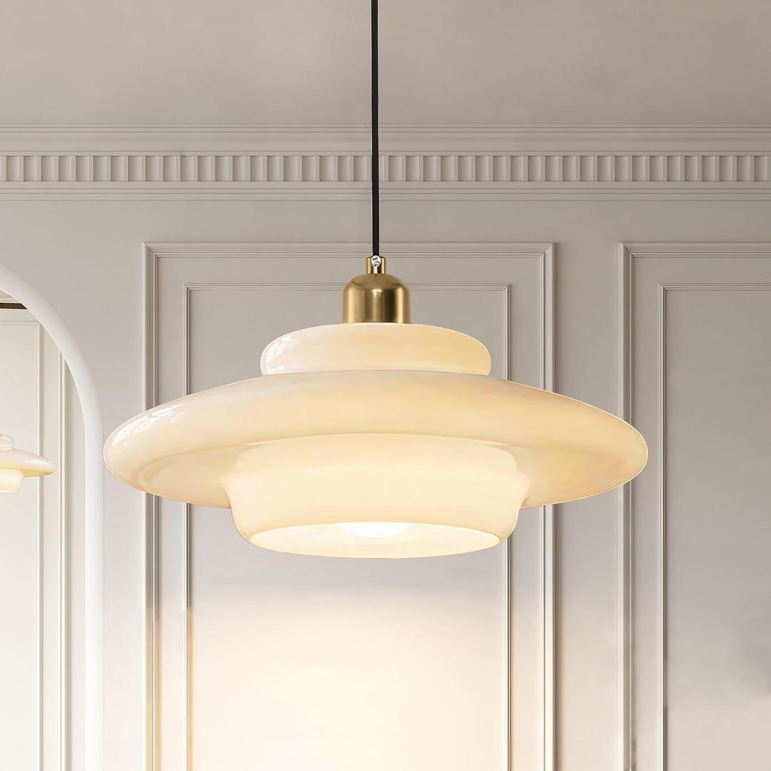 Milk Glass Pendant Light: Mid Century Modern Gold Brass Pendant Light Fixture Dining Table Bedroom - Height Adjustable White Glass Shade Hanging Lamp for Kitchen Island