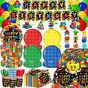206PCS Building Block Birthday Party Supplies, Plates, Napkins, Cups, Cutlery, Cake & Cupcake Toppers, Banner, Hanging Swirls, Tablecloth, Balloons for Boys Birthday Party Decorations Serve 24 Guests