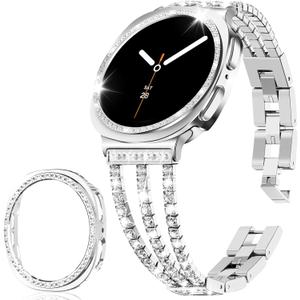 Metal Bands and Case Compatible with Samsung Galaxy Watch 8 40mm 44mm,Sparkling Bling Diamond Strap with PC Protective Bumper Cover (Silver)
