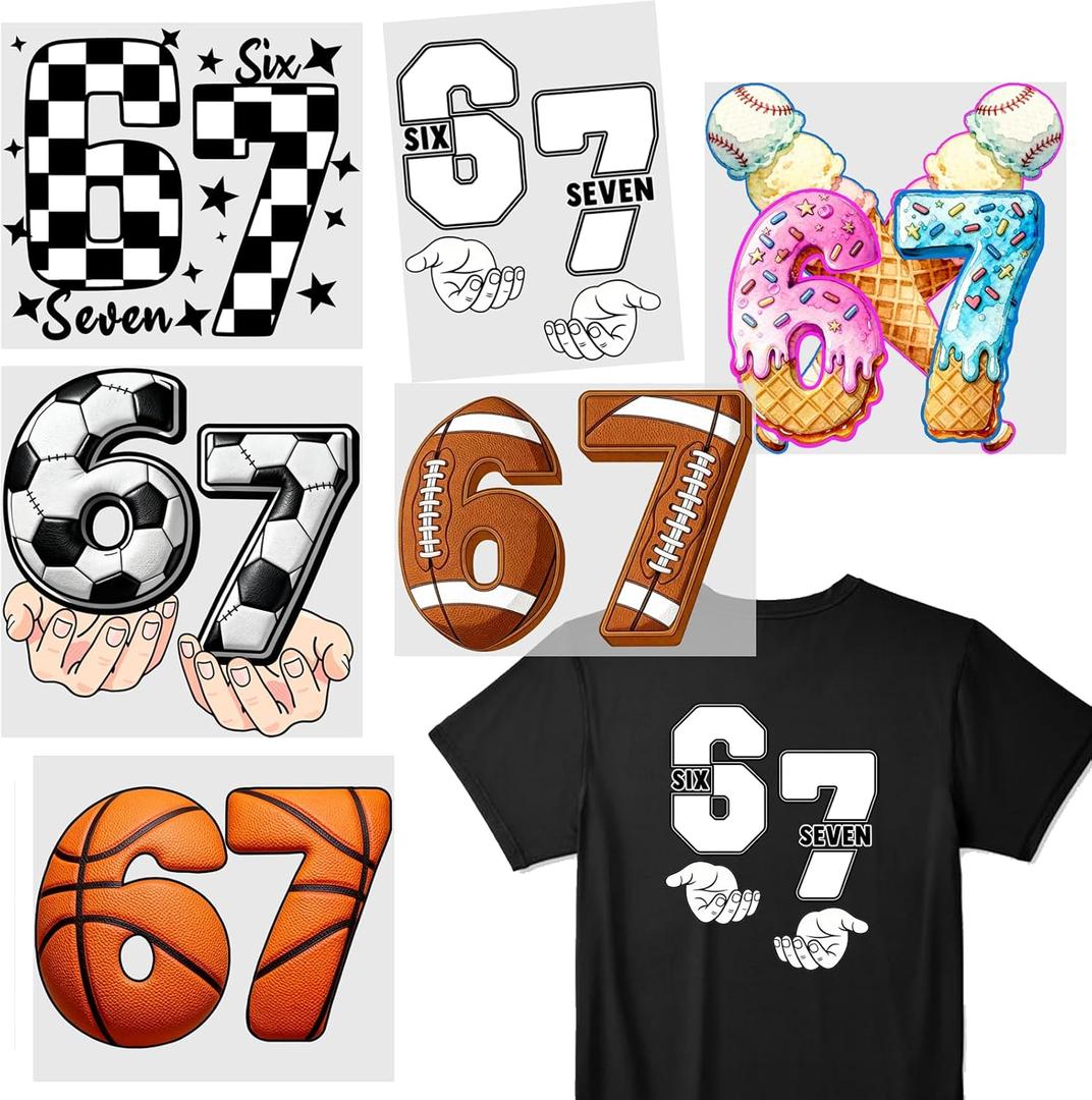 6 Pcs Funny Six Seven 67 Iron on Heat Press Decals Stickers,Six Seven 67 School Teacher Themed HTV Heat Transfer Vinyl Letter Patches for T Shirt Pillow Clothes Backpack