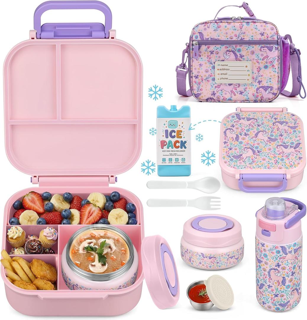Bento Lunch Box for Kids with 7oz Soup Thermo,Insulated Stainless Steel Kids Water Bottle with Straw and Insulated Lunch Bag,Leak-Proof Lunch Food Container with Ice Pack for School (Pink-Horse)