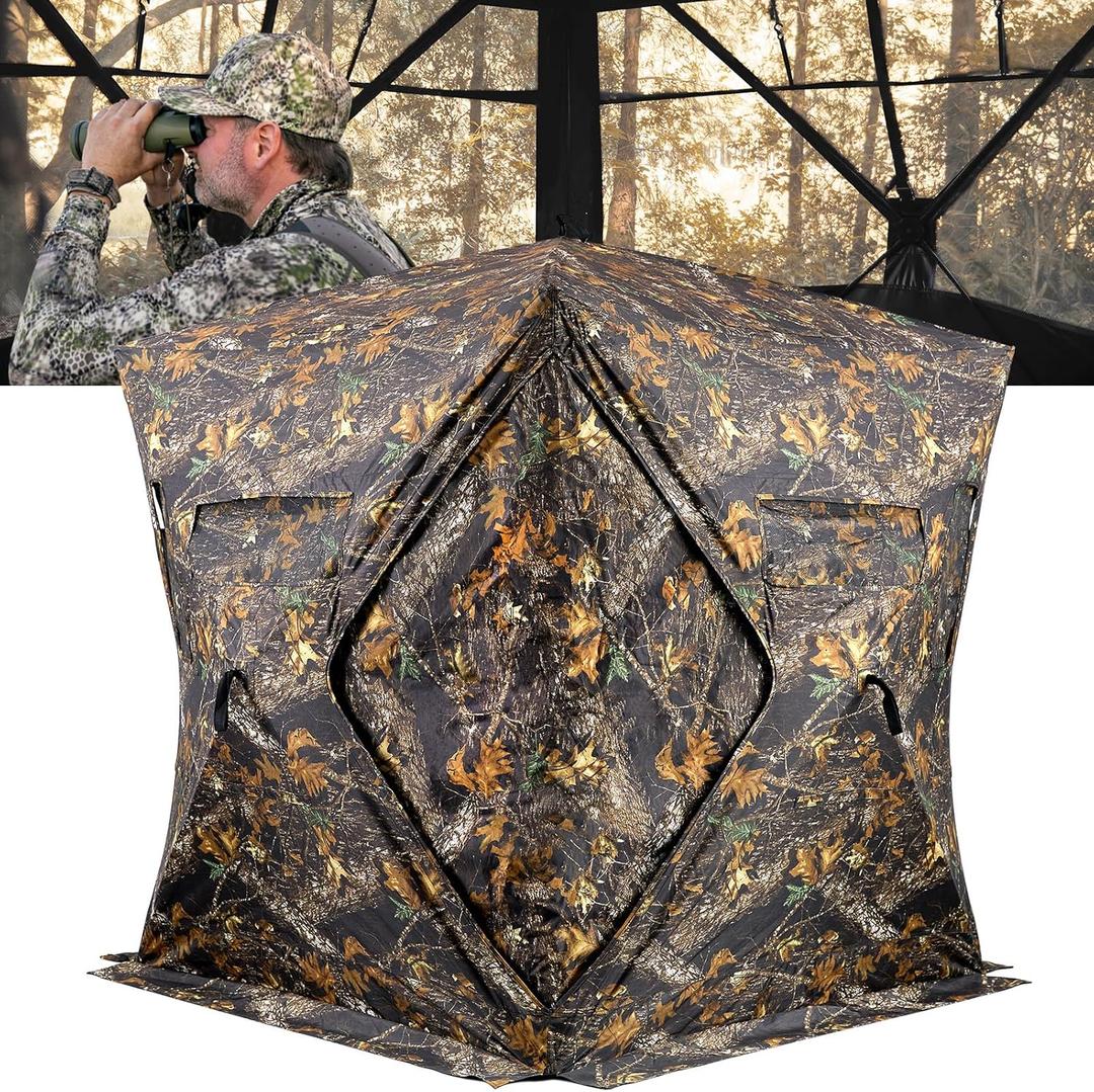 Hunting Blind, 270 See Through Ground Blinds Camouflage Waterproof Pop-up Tent for Deer Turkey Duck Bow Hunting, 2-3 Person Portable Concealed Tent Silent Adjustable Windows with Carrying Bag